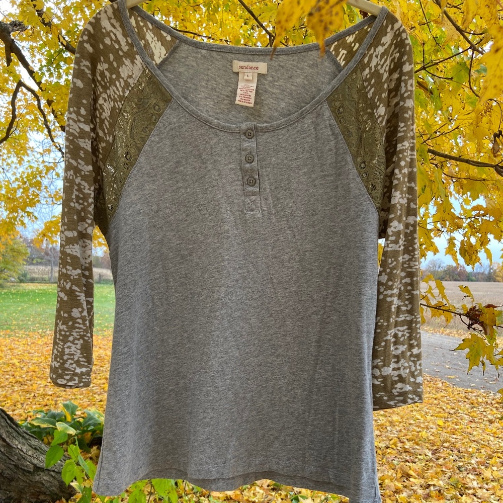 Sundance Women’s Henley Pullover Knit Top with Lace Insets Size L